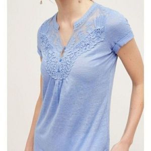 Anthropologie Deletta Blue Lace Short Sleeve Henley Neck Tee Top XS